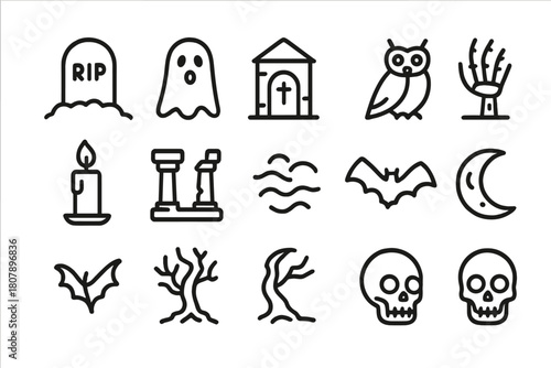 Haunted Icon Set. Haunted burial ground. Line icon set of Haunted burial ground: tombstone, ghost, crypt, skeleton hand, candle, ancient ruins, fog, owl, bat,