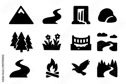 Mountain River Icons. Mountain and River Painting. Solid icon set of Mountain and River Painting: snowy peak, river bend, waterfall, boulder, pine forest,