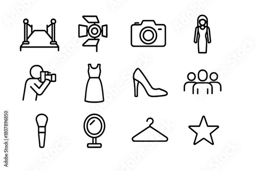 Fashion Runway Icons. Fashion runway. Line icon set of fashion runway: runway, spotlight, camera, model, photographer, dress, high heels, audience, makeup