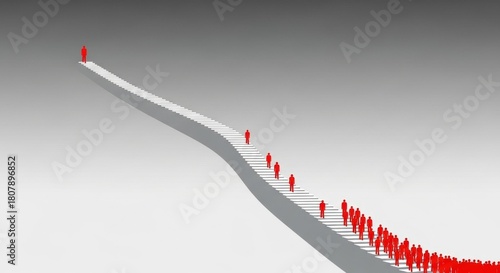 Minimalist Illustration Crowd Following Leader on Staircase to Success Concept
