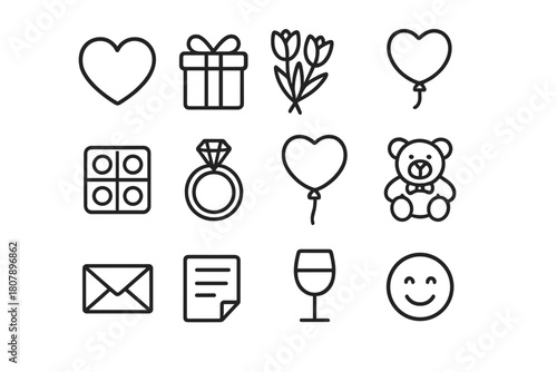 Romantic Surprise Icons. Romantic surprise. Line icon set of Romantic surprise: heart, gift box, flowers, candle, chocolates, ring, balloon, teddy bear,