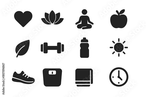 Health Icons Grid. Health and wellness. Solid icon set of health and wellness: heart, lotus, yoga pose, apple, leaf, dumbbell, water bottle, sun, shoe, scale,