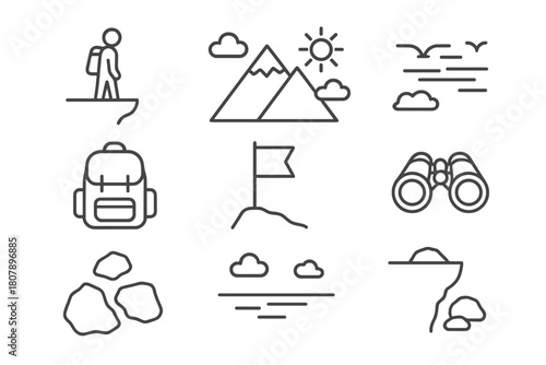 Cliffside Adventures Icons. Person Standing at the Edge of a Cliff. Line icon set of Person Standing at the Edge of a Cliff: person silhouette, cliff edge,