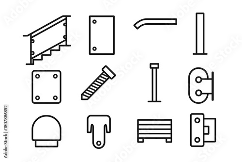 Glass Railing Icon Set. Glass railing. Line icon set of glass railing: glass panel, handrail, post, base plate, bolt, screw, wall bracket, end cap, stair,