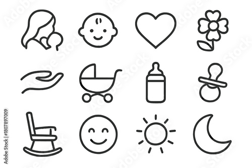 Motherhood Icon Set. Motherhood. Line icon set of Motherhood: mother silhouette, baby, heart, flower, hand, stroller, bottle, pacifier, chair, smile, sun,
