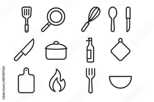 Cooking Utensils Icons. Cooking utensils. Line icon set of cooking utensils: spatula, frying pan, whisk, spoon, knife, lid, oil bottle, pot holder, cutting