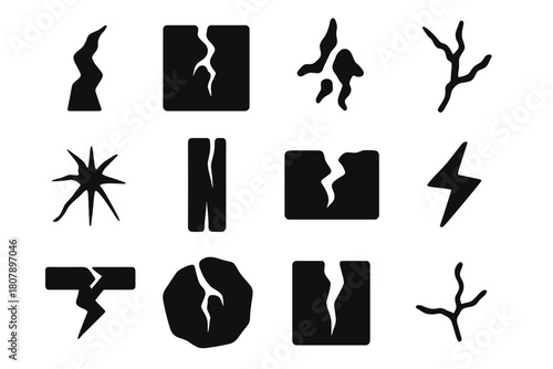 Structural Crack Icons. Structural crack. Solid icon set of Structural crack: fracture, broken wall, fissure, crack in glass, split wood, chasm, broken floor,