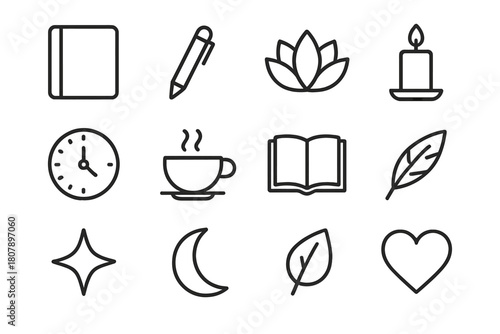 Mindfulness Icon Set. Mindfulness and focus. Line icon set of mindfulness and focus: lotus flower, brain, headphones, breath icon, metronome, chair, journal,