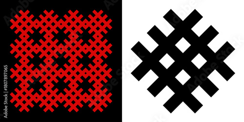 Geometric patterns inspired by traditional Slavic embroidery. Features red and black woven designs on contrasting backgrounds, ideal for cultural or decorative projects