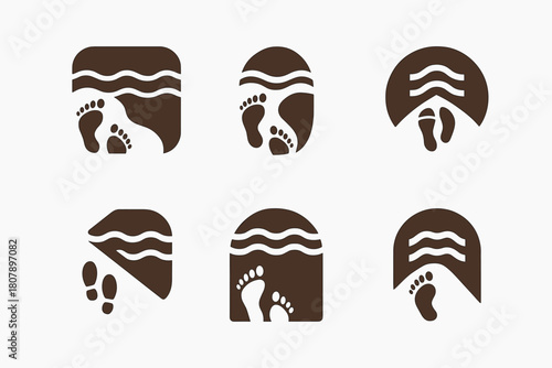 Beach Logo Variations. Empty Beach. Icon set. Set Logo of Empty Beach: footprints leading to water. harmonious logo variations of the same emblematic concept,