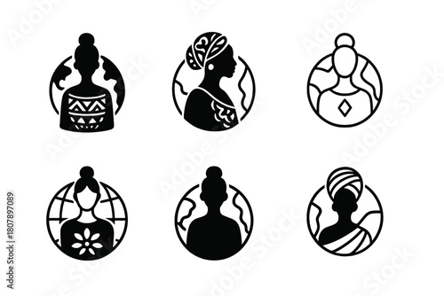 Cultural Fashion Icons. Cultural diversity in modern fashion. Icon set. Set Logo of cultural diversity in modern fashion: circular motif combining ethnic