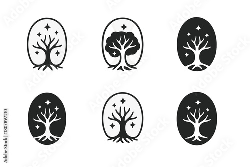 Mystical Tree Icons. A magical tree that grants wishes in an ancient forest. Icon set. Set Logo of Mystic Glow: Aura around tree. Negative space, Minimal
