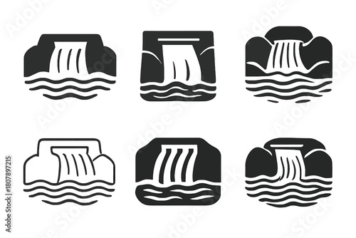Flooded Valley Logos. Flooded valley. Icon set. Set Logo of flooded valley: house surrounded by rising water. harmonious logo variations of the same emblematic