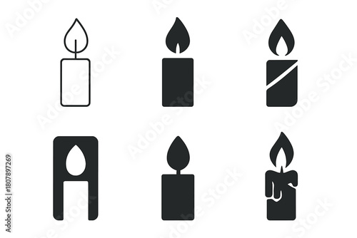 Candle Light Variations. Candle light. Icon set. Set Logo of candle light: single candle flame. harmonious logo variations of the same emblematic concept, each