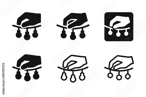 Fairy Lights Icons. Setting up outdoor fairy lights. Icon set. Set Logo of setting up outdoor fairy lights: lantern and string combo. harmonious logo