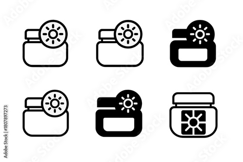 Moisturizer Jar Logos. Moisturizer jar mockup. Icon set. Set Logo of moisturizer jar mockup: jar with SPF sun badge. harmonious logo variations of the same
