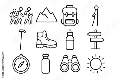 Nature Hike Icons. Group nature hike. Line icon set of Group nature hike: group of hikers, mountain, backpack, walking stick, hiking boots, map, compass, water