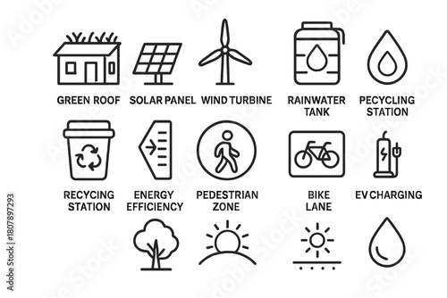 Sustainable City Icon Set. Sustainable city design. Line icon set of sustainable city design: green roof, solar panel, wind turbine, rainwater tank, recycling
