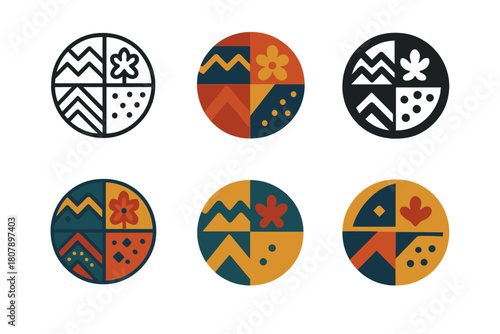 Cultural Fashion Icons. Cultural diversity in modern fashion. Icon set. Set Logo of cultural diversity in modern fashion: circular motif combining ethnic