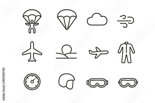 Aerial Icon Set. Aerial view. Line icon set of aerial view: parachutist, parachute, cloud, airplane, landscape, horizon, wind gust, altimeter,