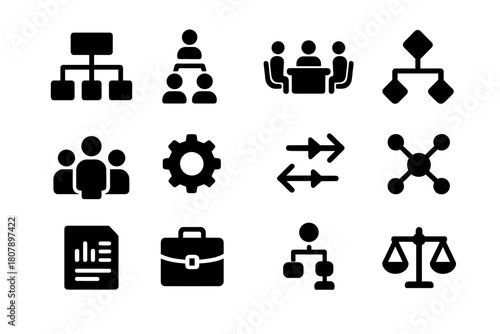 Governance Icons Grid. Governance structure. Solid icon set of Governance structure: organization chart, hierarchy pyramid, meeting table, decision nodes,