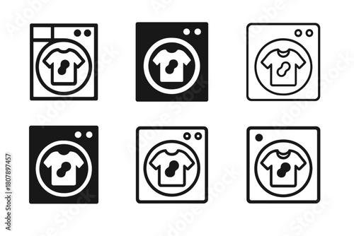 Stained Shirt Icons. Stained Shirt. Icon set. Set Logo of Stained Shirt: Washing machine icon with shirt. harmonious logo variations of the same emblematic