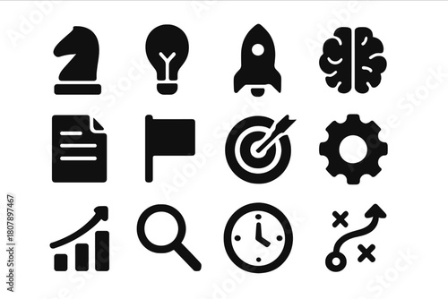 Innovation Icons Set. Innovation. Solid icon set of innovation: lightbulb, gear, rocket, atom, brain, circuit board, hand idea, tools, beaker, globe, puzzle