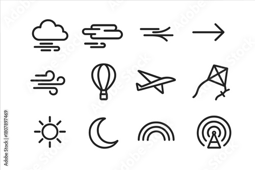 Cloud Movement Icons. Cloud movement. Line icon set of cloud movement: cumulus cloud, stratus cloud, cirrus cloud, wind arrow, gust lines, hot air balloon,