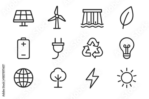 Renewable Energy Icons. Renewable energy research. Solid icon set of Renewable energy research: solar panel, wind turbine, battery, lightbulb, microscope, test
