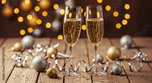 Festive Still Life Two Glasses Champagne with Christmas Ornaments Decoration