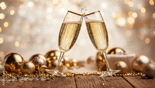 Festive Sparkling Celebration Champagne Toast with Golden Ornaments and Bokeh Lights