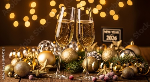 Festive Champagne Toast Celebration Still Life with Holiday Decorations for 2026
