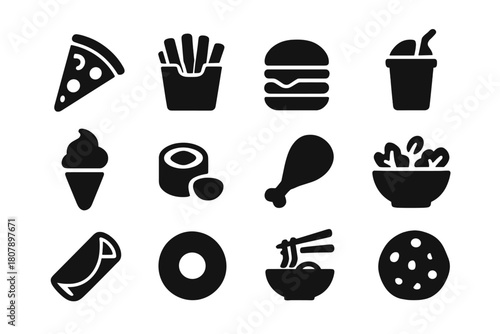 Mall Food Icons. Popular mall foods. Solid icon set of Popular mall foods: pizza slice, fries, burger, smoothie, ice cream, sushi roll, fried chicken, salad