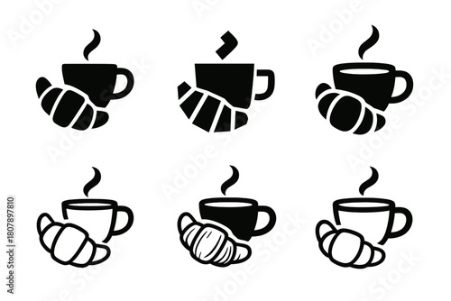 Coffee and Pastries Icons. Coffee and pastries. Solid icon set of coffee and pastries: coffee cup, croissant, donut, muffin, cookie, teapot, spoon, plate,