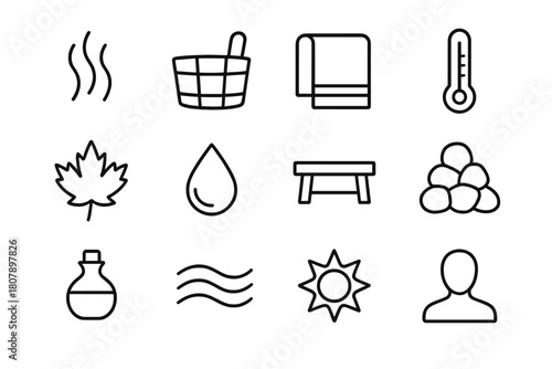 Sauna Icon Collection. Sauna and Steam. Line icon set of Sauna and Steam: steam lines, bucket, towel, thermometer, leaf, droplet, bench, rocks, aroma bottle,