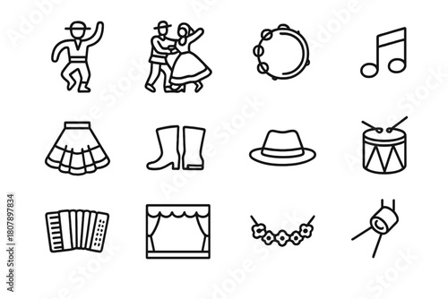 Folk Dance Icons. Folk Dance. Line icon set of Folk Dance: dancer, couple dancing, tambourine, music note, skirt, boots, hat, drum, accordion, stage, flower