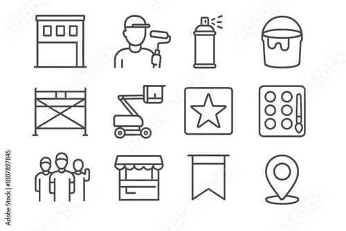 City Mural Icons. City Mural Painting Events. Line icon set of City Mural Painting Events: city wall facade, artist with roller, spray can, paint bucket,