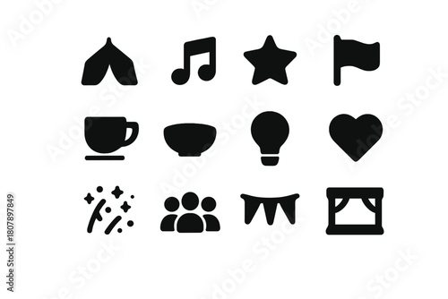 Festival Line Icons. Festival Atmosphere. Line icon set of Festival Atmosphere: tent, lantern, flag string, bonfire, food stall, people crowd, drum, guitar,