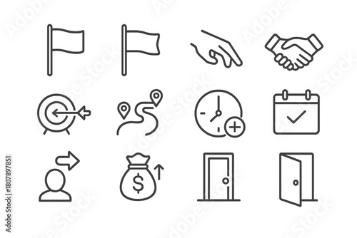 Workplace Icon Flags. Red flags and green flags at work. Line icon set of red flags and green flags at work: red flag, green flag, micromanage hand, trust