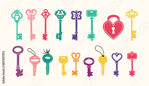 Hand drawn colored vector Keys. Doodle various vintage, modern and cute isolated keys. Different types, sizes.