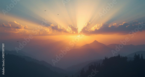 Tableau sur toile Stunning sunrise casts golden rays over misty mountain range, creating a serene