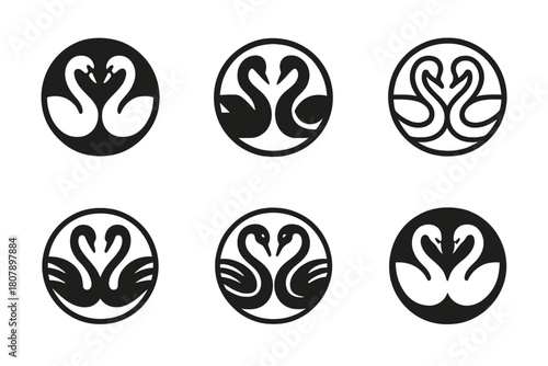 Elegant Swan Emblems. Swans. Icon set. Set Logo of swans: mirrored twin swans in circular frame. harmonious logo variations of the same emblematic concept,