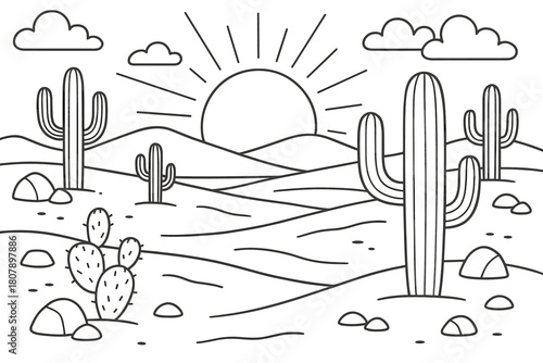 Desert Coloring Fun. Desert landscape children?s coloring book illustration, outlined drawing, wide sandy desert with cacti, rocks, and a setting