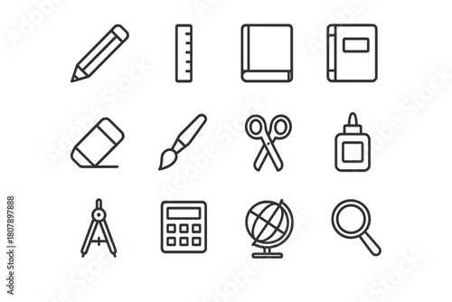 Classroom Tool Icons. Classroom tools. Line icon set of Classroom tools: pencil, ruler, book, notebook, eraser, paintbrush, scissors, glue, compass,