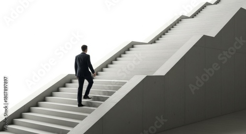 Minimalist Back View Business Man Climbing Stairway to Success Image