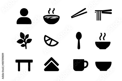 Pho Dining Icons. Eating Experience. Solid icon set of Eating Experience: person, bowl of pho, chopsticks, noodles, herbs, lime wedge, spoon, steam, table,
