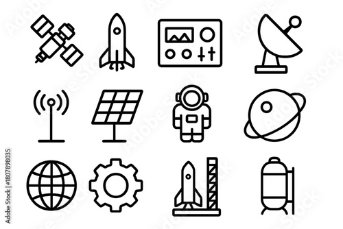 Space Technology Icons. Space Technology. Line icon set of Space Technology: satellite, rocket, control panel, radar dish, antenna, solar panel, astronaut,