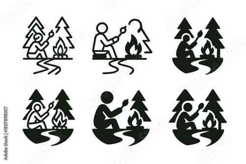 Campfire Icon Variations. A person sitting by a campfire in the woods, roasting marshmallows and telling stories. Icon set. Set Logo of A person sitting by a