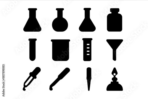 Black Flask Icons. Flasks. Solid icon set of Flasks: Erlenmeyer flask, round-bottom flask, volumetric flask, Florence flask, reagent bottle, test tube, beaker,