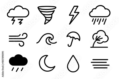 Turbulent Weather Icons. Turbulent weather. Line icon set of turbulent weather: storm cloud, tornado, lightning bolt, heavy rain, gust wind, wave, umbrella,